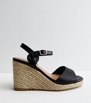 New Look Wide Fit Black Leather-Look Espadrille Wedge Sandals